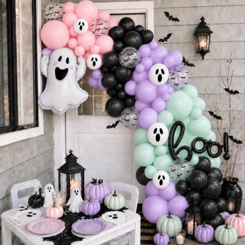 Halloween Balloon Garland Arch Kit with 3D Bat Stickers and Ghost Balloons - Black Green Purple Pink Variation