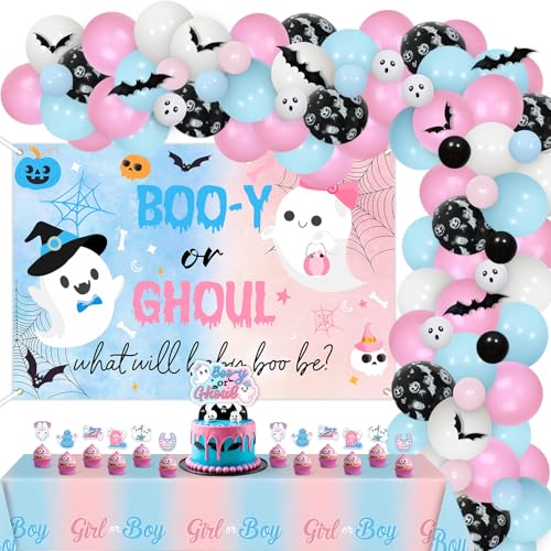 Halloween Gender Reveal Decorations Kit with Backdrop Balloon Garland & Bat Wall Stickers