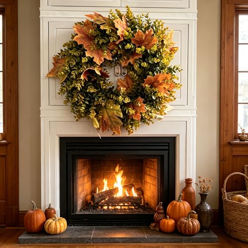 Fall Wreath for Front Door - Artificial Autumn Maple Leaf & Boxwood Decor - Yellow Variation