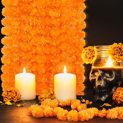 Light Orange Marigold Garland Set - 15 Strands, 5 Feet Long for Weddings Diwali & Festivals - Artificial Floral Decor