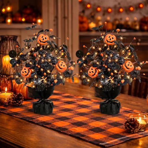 Black Brown Orange Lighted Halloween Table Tree Set - 2 Pack Seasonal Pumpkin Decor