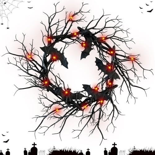 Halloween Black Branch Wreath with Bats - Handmade Seasonal Wall Decor