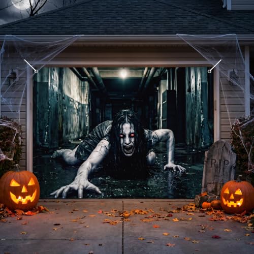 Female Ghost Halloween Garage Door Cover 7x8 FT - Spooky Haunted Decor