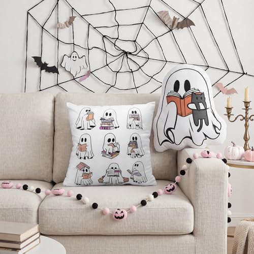 Halloween Ghost Reading Book Throw Pillows Set - Cuddly 15.7-Inch Decor