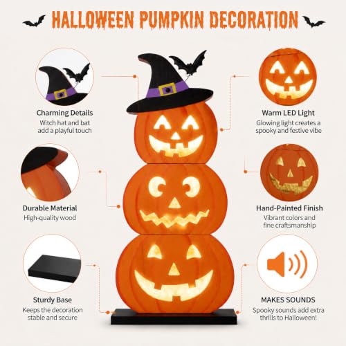 Orange LED Pumpkin Decor with Spooky Sound & Lights - Halloween Porch Sign