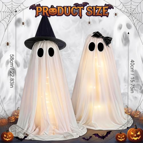 Lighted Ghost Halloween Decorations Set - 2PCS Warm White Spooky Decor for Table Mantel Shelf