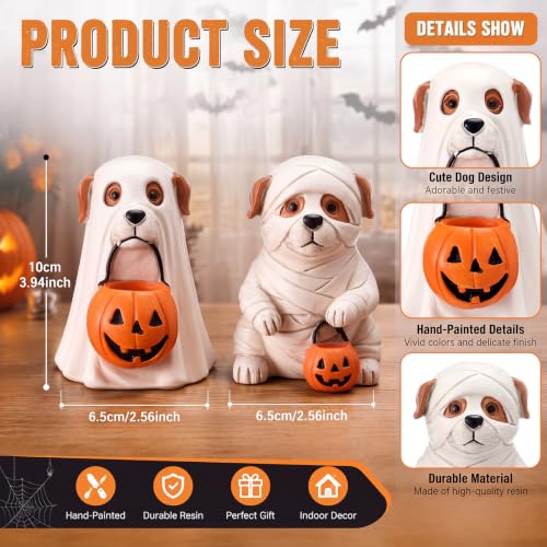 Halloween Ghost Dog Decor Set - Mummy & Pumpkin Figurines for Fall Home Decor