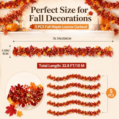 Rainflow 5 Pack Fall Maple Leaves Garland - Orange Red Thanksgiving Tinsel