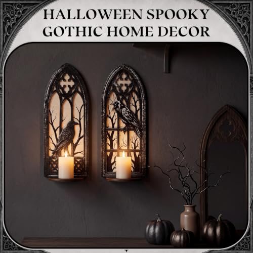 Gothic Wall Candle Sconces Set of 2 - Halloween Cathedral Arch Decor with Removable Trays
