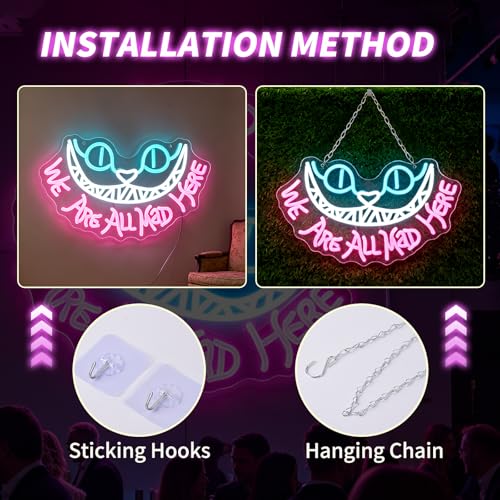 Pink We Are All Mad Here Neon Sign for Wall Decor, Party & Wedding Decoration, Cat LED Light, Personalized Gift