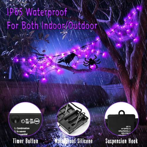 Halloween Spider Web Lights 6FT 60LED Purple with Black Spider and Timer - Indoor Outdoor Decor