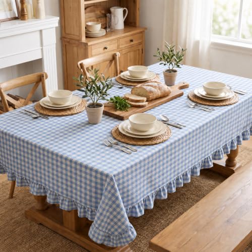 Horaldaily Blue Gingham Ruffled Table Cloth - 60x140 Inch Rectangular Home Decor