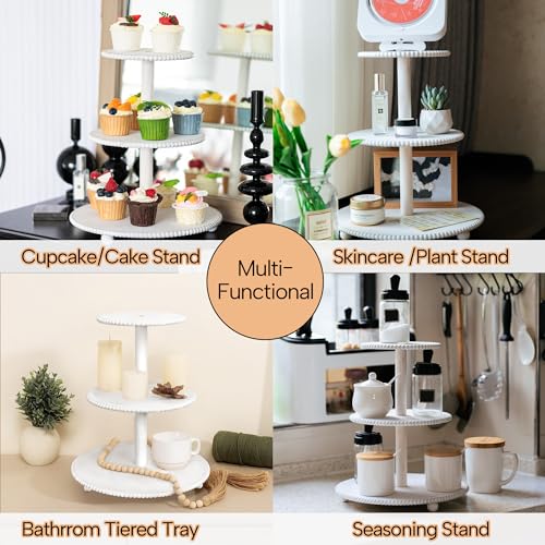 White 3-Tier Beaded Cupcake Stand for Wedding & Party Decor - Holds 24+ Cupcakes