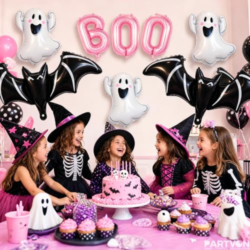 Pink Halloween Balloons Set with Ghost & Bat Decor - Cute Party Supplies with Boo Letters - Variation: Pink