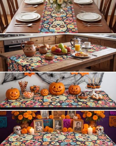 Dia De Los Muertos Table Runner - Sugar Skull Floral Linen 13x72