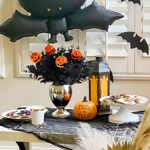 Black Halloween Artificial Flowers and Pumpkin Decor Set - Spooky Indoor Centerpieces - Variation: Black-Pumpkin