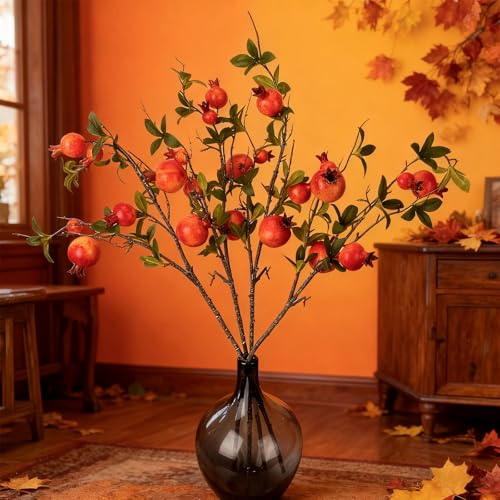 31.5in Faux Pomegranate Flower Stems - 4 Pieces Red Berry Decor for Vase & Holiday Arrangements