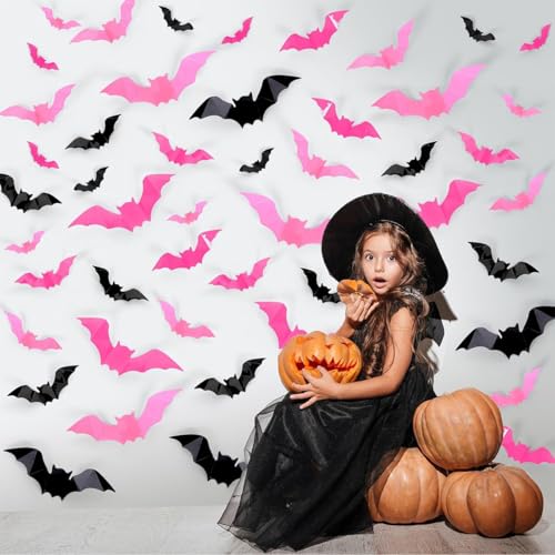 Halloween 3D Bat Wall Decal - Removable Sticker Set with Pink & Black Variations