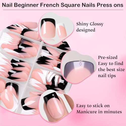 240P Short Square French Tip Press On Nails with Glue - Black & White Variation