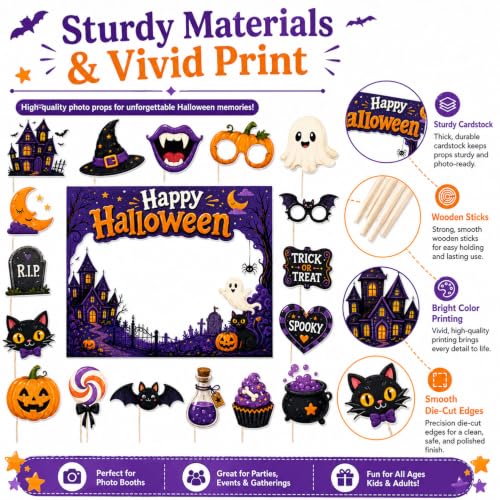 Halloween Photo Booth Props Kit with Selfie Frame - Orange, 16 Pieces