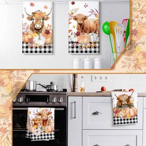 Preboun Highland Cow Kitchen Towels Set - Fall Plaid Dish Towels, Black / Grid, 6 pcs