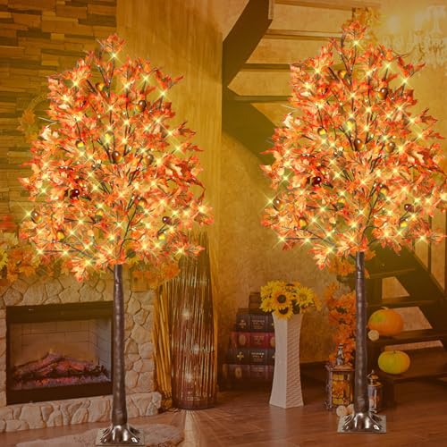 2 Pack 6FT Lighted Maple Tree with 130 LED Lights & Autumn Decor - Remote