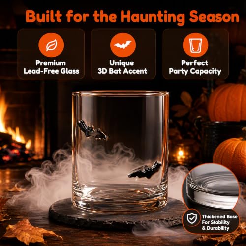 Halloween Ghost & Bat Glass Cups Set - 16oz Hand Blown Drinking Glasses, Party Supplies & Gift