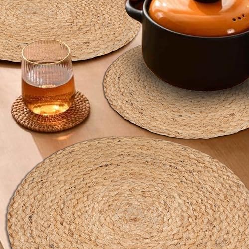 Set of 4 Natural Jute Round Placemat Chargers - Hand Beaded Table Decor