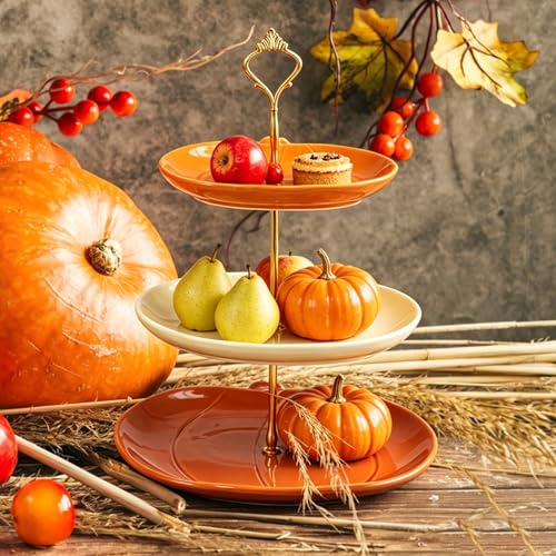 3-Tier Ceramic Pumpkin Serving Tray - Fall Thanksgiving Cake Stand with 7, 9, 11 Inch Sizes - Pumpkin Variation