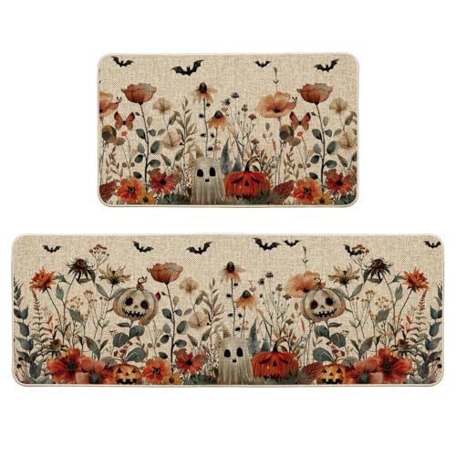 Ghost Flowers Halloween Kitchen Mats Set of 2 - Non-Slip Decor Rugs