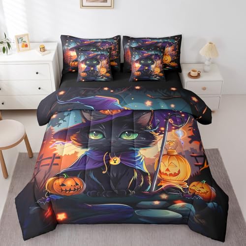 Halloween Black Purple Cat Bed in a Bag Set Full Size with Pumpkin Lantern Decor - Trick or Treat Bedding