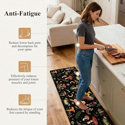Anti-Fatigue Mushroom Kitchen Mats Set - Black 46x17 & 29x17 Inches with Non-Slip Waterproof Backing