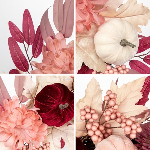 Artificial Fall Wreath with Velvet Pumpkins & Pink Maple Leaves - Red 26 Inch