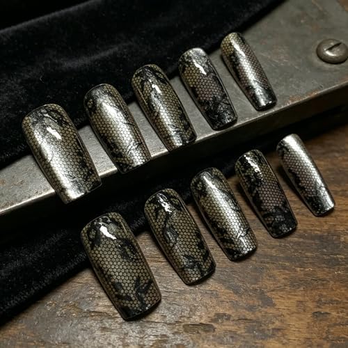 BABALAL Press On Nails Medium Square Black Lace Full Cover with Glossy Finish - Variation O04-01