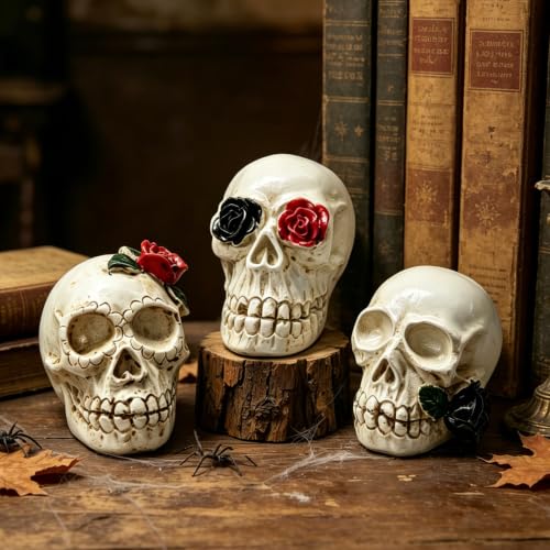 Halloween Skull Figurine Set Gothic Skull Decor with Roses - Color4