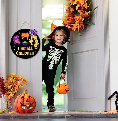 Halloween Wreath Door Sign with Witch Sisters and Bow Decor - Wooden Halloween Door Hanger