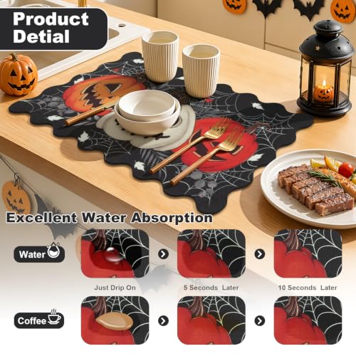 Scalloped Halloween Dish Drying Mat - Spooky Pumpkin Black, 12x20 Inches - Halloween Scary Pumpkin