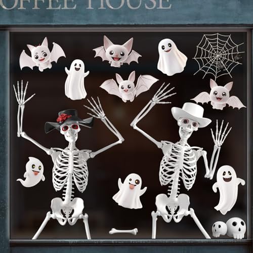 Giant Skeleton Halloween Window Clings - Spooky Ghosts Bats & Bones - Reusable Decorations for Glass Doors & Windows