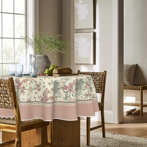 Round Floral Birds Tablecloth 90 Inch Pink - Durable Polyester Home Decor