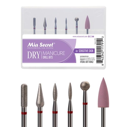 6 pcs Dry Manicure Drill Bits Set, Mia Secret DIY home and Salon nail bits for Sensitive Skin MADE IN USA