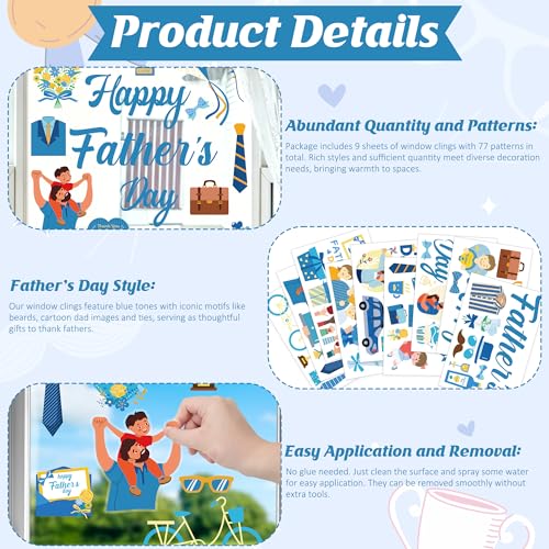Father's Day Window Clings - Blue Double-Sided Decorations, 77PCS Gift Set
