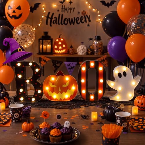 Spooky Halloween LED Pumpkin Ghost Boo Light Sign - Plastic Decor