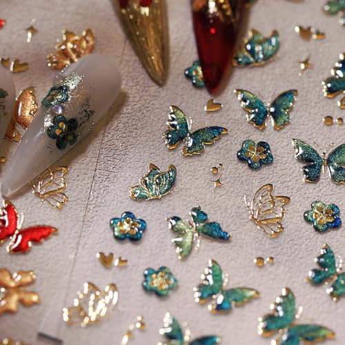 Butterfly Nail Stickers-4 Self-Adhesive 3D Embossed Green Gold Butterfly Designs