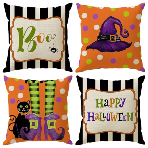 Halloween Boo Witch Cat Throw Pillow Cover Set - 16x16 Inches, Pack of 4