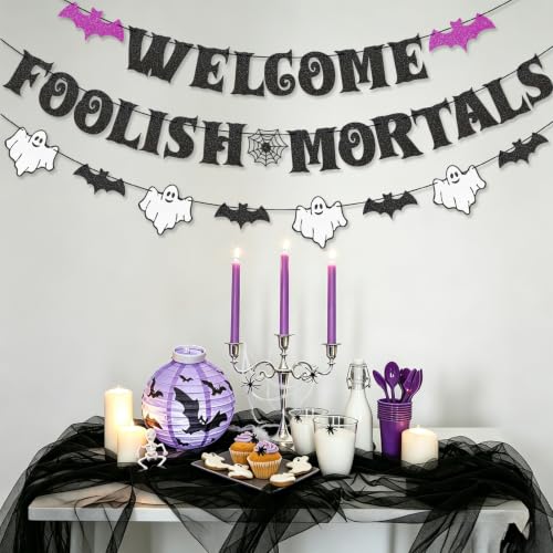Halloween Party Banner - Welcome Foolish Mortals Variation Banner with Ghosts & Bats