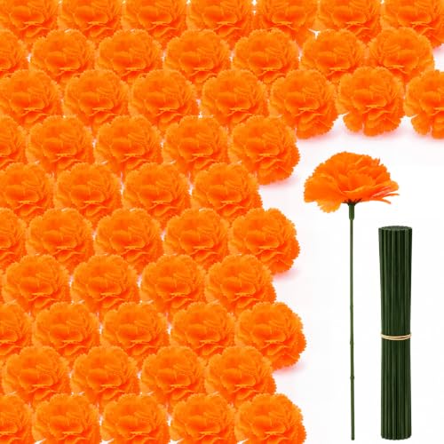 Artificial Marigold Flower Heads 50pcs Silk Flowers with Stems for Decorations