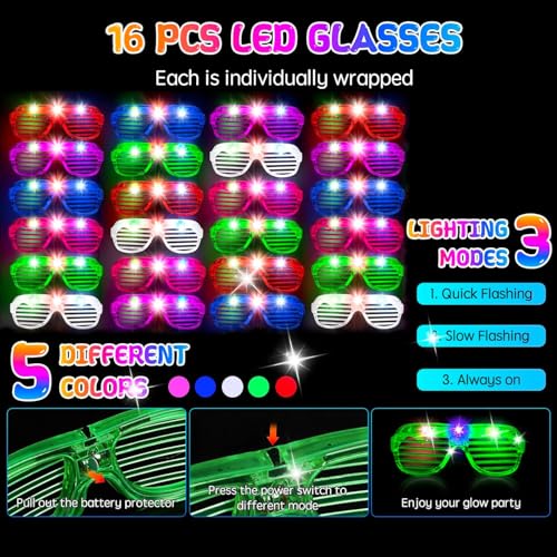 Glow in the Dark Party Supplies Bulk Pack with LED Glasses & Sticks - Neon Halloween Kids & Adults