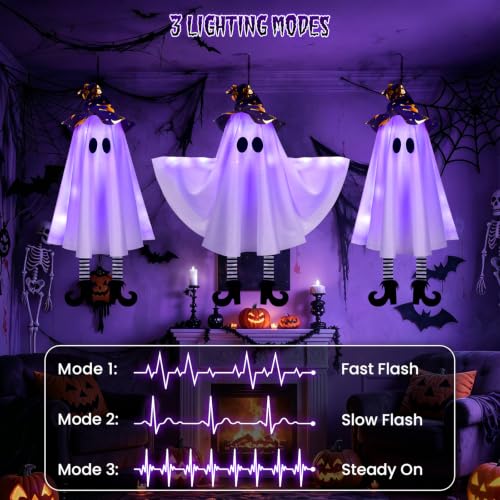Halloween Ghost Decorations Outdoor Indoor Purple Set with Witch Hat & 3 Light Modes - Hanging Spooky Decor with DIY Arms