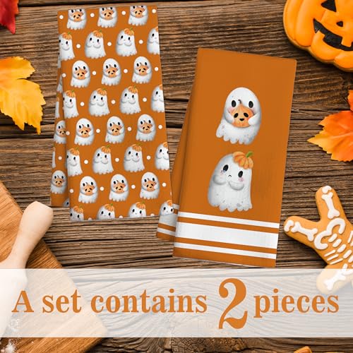 Halloween Kitchen Towel Set - Ghosts & Orange Bows, 2 Pack, Indoor Home Decor