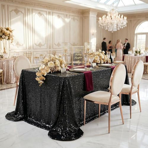 Black Sequin Tablecloth 60x102 Inches - Glitter Fabric for Party Events - QueenDream